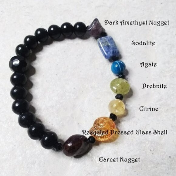 7-7.5" Chakra Stretch Bracelet: Garnet Citrine Amethyst Agate Prehnite Sodalite - Picture 1 of 5